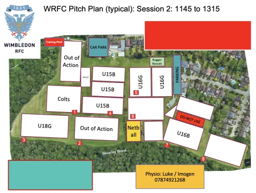 Map layout of sports pitches with labeled sections and surrounding greenery.